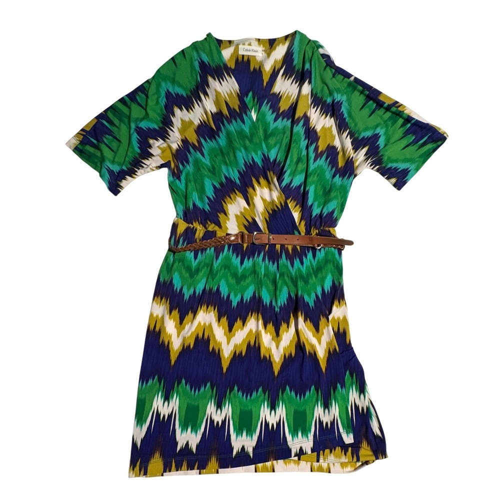 5 for $25 Calvin Klein Green Blue Yellow Chevron Ikat Faux Wrap Belted Dress 4P - Picture 2 of 9